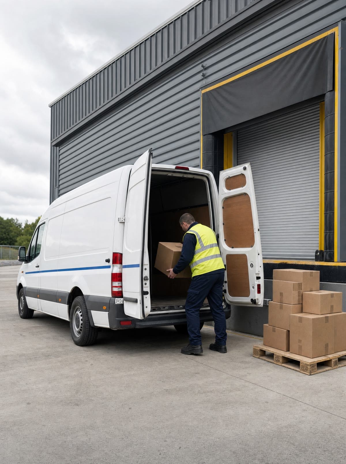 Driver loading boxed goods into a white Sky Routes van at a warehouse bay