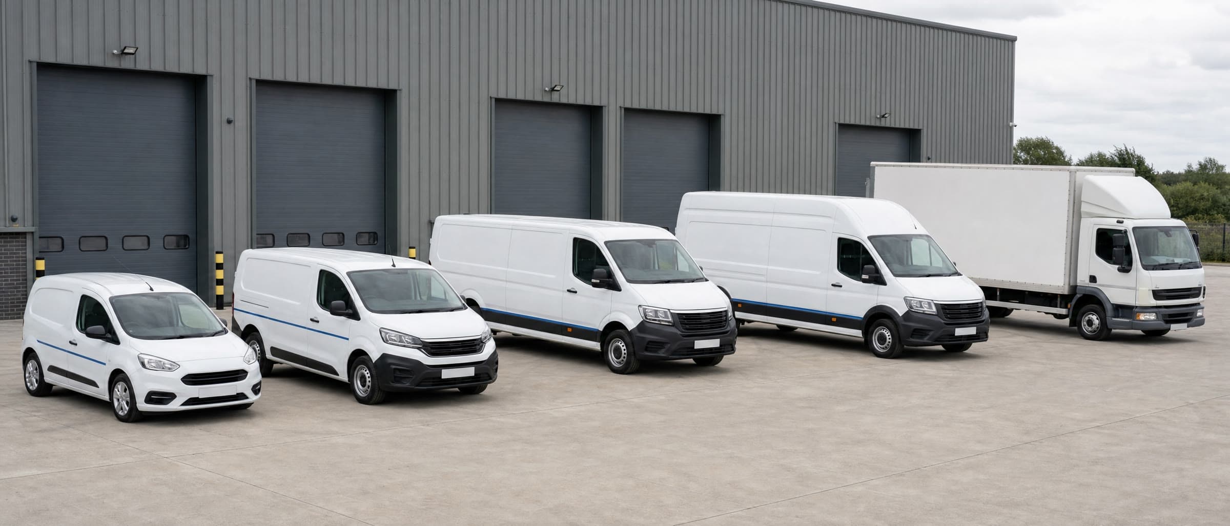 Sky Routes fleet lined up by size, from a small van to a Luton with tail-lift